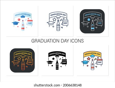 Graduation day icons set. Last study day. Party. Celebration. Surprise party.Graduation concept. Collection of icons in linear, filled, color styles.Isolated vector illustrations 