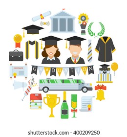  Graduation day. Man and woman graduates in hats and gown. Graduation vector icon set of student celebration ceremony elements in circle form. Graduational party accessories. Finish education concept.