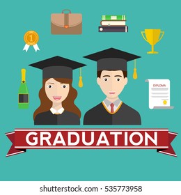 Graduation day. Man and woman graduates in hats and gown. Graduation vector icon set of student celebration ceremony elements
