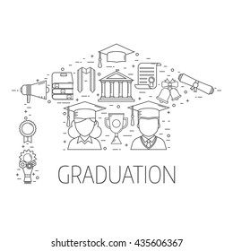 Graduation day outline vector set of exam celebration elements. Man and woman graduates celebrating finish education line art concept in graduational hat shape. Educational postcard or invitation.