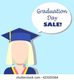 Graduation day sale illustration template, graduation day sale banner, graduation day sale announcement, graduation day girl with bubble, graduate with text bubble square picture for sale, sale icon