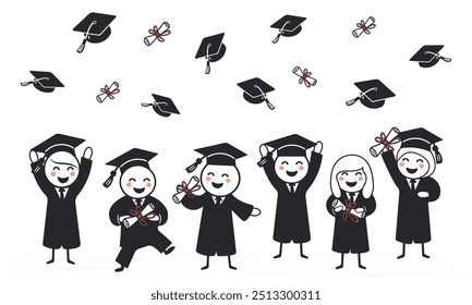 Graduation day schoolchildren rejoice at receiving their diploma doodle illustration