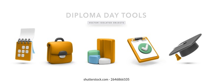 Dia De Graduação Definido Com Calendário, Porta-Arquivos, Gráfico, Lista De Verificação E Cap. Perfeito Para Marcos Acadêmicos, Planejamento De Carreira E Temas De Sucesso. Ilustração Colorida De Vetor.