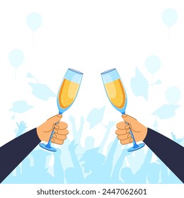 Graduation Day Square Poster. Hands in black clothes with champagne glasses, in background crowd of students throwing graduation hats. Vector illustration