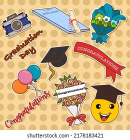 Graduation day stickers.  Flowers, diplomas, balloons, sash, congratulations banners, camera, graduation caps  Doodle vector illustration.