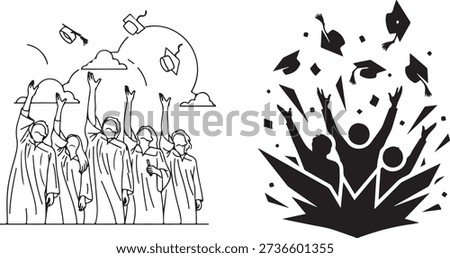 Graduation day under a cloudy sky and a joyful celebration with diplomas isolated on white background, illustration