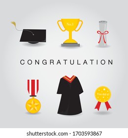 Graduation Day Vector Icon set of Celebration and Congratulation Elements in Flat Design.