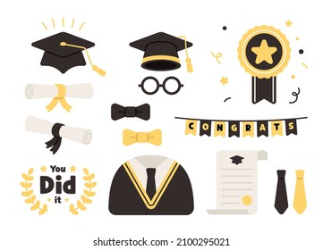 Graduation day vector icon set of celebration elements in flat design