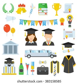 Graduation day vector icon set of celebration elements in flat design. Man and woman graduates in graduational hat. Student congratulation accessories. Graduation party. Finish education symbols. 