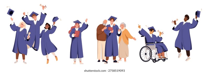 Graduation day vector illustration. Happy diverse graduates celebrating graduation ceremony with diplomas. Group of multiethnic students in graduation gowns and caps. Inclusive education concept