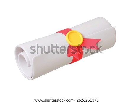 Graduation degree 3d icon. Paper roll with red ribbon and seal. Isolated diploma or certificate of academic education. College or university graduated, vector element