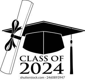 Graduation Design - 2024 is a design for the graduating class of 2024 with text, a graduates cap with tassel. and a diploma with a ribbon. Great for shirts or flyers and promotions.