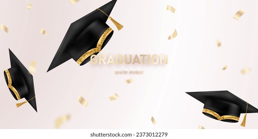graduation design background realistic graduation hat Golden confetti congratulations to the graduates Vector illustration