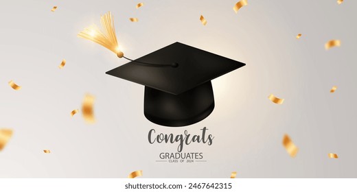 Fondo de diseño de graduación sombrero de graduación realista Confeti de oro felicitaciones a los graduados Ilustración vectorial