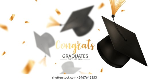 Fondo de diseño de graduación sombrero de graduación realista Confeti de oro felicitaciones a los graduados Ilustración vectorial