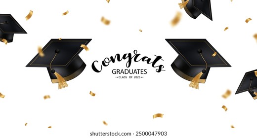 graduation design background realistic graduation hat Golden confetti congratulations to the graduates Vector illustration