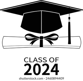 Graduation Design - Class of 2024 ist ein Entwurf für die Graduiertenklasse 2024 mit Text, einer Graduiertenkappe mit Quaste, einem Diplom mit Band und einem Raum, in dem Sie Ihren Namen oder Ihre Schulen setzen können.