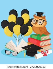 Diseño de graduación con lindo búho con globos de gorra académica pila de libros diploma anteojos y Elementos escolares para la celebración de la educación