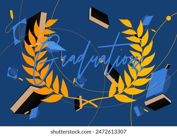 Graduation design template. Vintage party invitation, congratulation event, greeting card. Vector high school or college graduate poster.