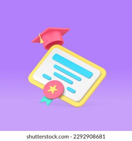 Graduation diploma certificate with medal and cap educational achievement 3d icon realistic vector illustration. Bachelor academic accomplishment degree guarantee document learning final graduate