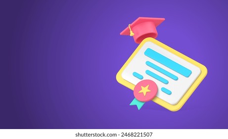 Graduation diploma certificate with medal and cap educational achievement 3d icon realistic vector illustration. Bachelor academic accomplishment degree guarantee document learning final graduate