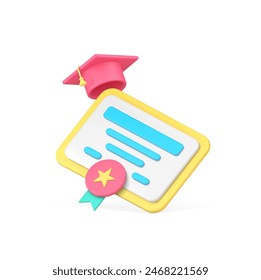 Graduation diploma certificate with medal and cap educational achievement 3d icon realistic vector illustration. Bachelor academic accomplishment degree guarantee document learning final graduate