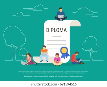 Graduation diploma concept vector illustration of young people using laptop, tablet pc and smartphone for distance studying and education. Flat design of guys and young women near big diploma symbol