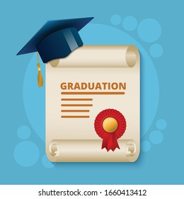 graduation diploma in the form of a scroll with an academic cap on a blue background, EPS 10