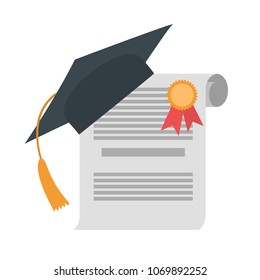 Graduation diploma and hat on white baackground.