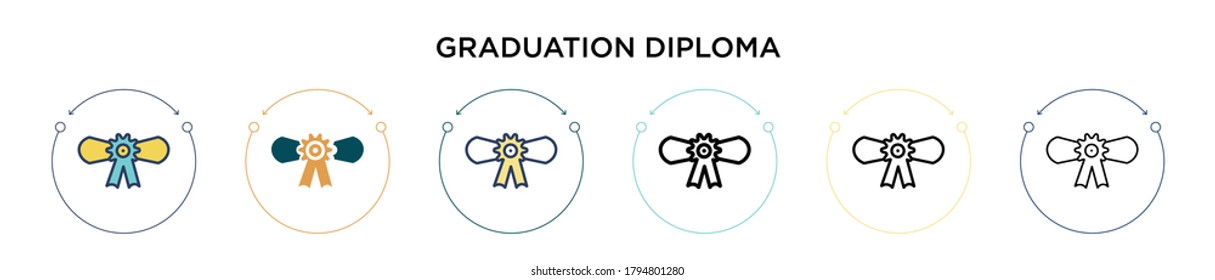 Graduation diploma icon in filled, thin line, outline and stroke style. Vector illustration of two colored and black graduation diploma vector icons designs can be used for mobile, ui, web