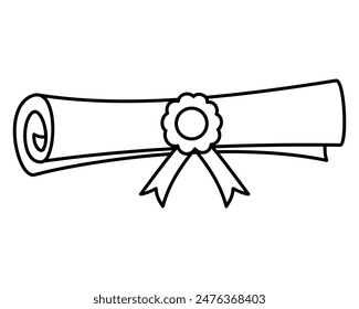 Graduation diploma icon with ribbon. Line art illustration of a rolled certificate with ribbon celebrating graduation ceremony.