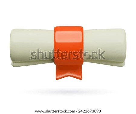 Graduation diploma paper scroll 3D icon with red ribbon. Front view education document or certificate three dimensional minimal vector illustration. Realistic plastic cute object.