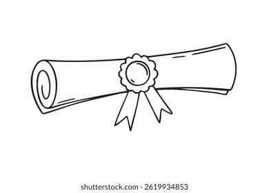 Diploma de graduação com fita doodle ícone desenhado à mão. Linha arte rolou certificado com fita comemorando a cerimônia de formatura. Ilustração vetorial
