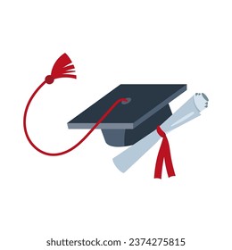 graduation diploma roll and hat isolated