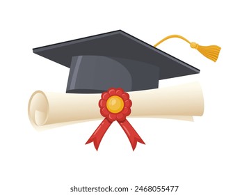 Diploma de graduación en pergamino y sombrero gris de graduación. Símbolos tradicionales de la ceremonia de graduación: certificado con cinta y gorra académica. Ilustración vectorial.