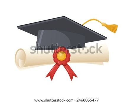 Graduation diploma scroll and gray graduation hat. Traditional graduation ceremony symbols: certificate with ribbon and academic cap. Vector illustration.