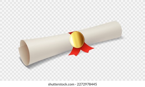 Graduación o diploma con cinta roja. Ilustración vectorial del desplazamiento del grado de graduación con medalla de oro aislada en el fondo a cuadros. Elemento realista para el afiche de decoración, pancarta.