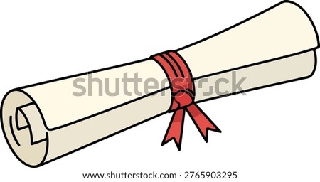 Graduation diploma scroll with red ribbon and wax seal, university degree certificate vector illustration isolated on white background.