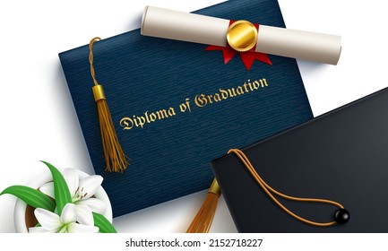 Graduationsdiplom Vektordesign. Diplom des Graduierungstextes im Inhaber eines Zertifikats mit 3D-Mortarton-Oberteil und Tassel-Elementen für das Design eines Hochschulgrades. Vektorgrafik.
