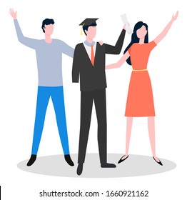 Graduation of disabled student with amputated hand standing near man and woman waving hands. Arm amputation of person character and support of people together. Educated specialist without limb vector