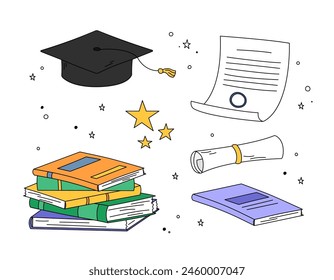 Graduation doodle elements vector set. Illustrations of isolated square academic cap, mortarboard, diploma, books pile and stars. Colorful outline symbols of high school, college, academy graduation