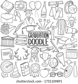 Juego de iconos del doodle de graduación. Colección de ilustraciones de vectores de finlandés escolar. Estilo de arte de la línea trazada por la mano del partido universitario.