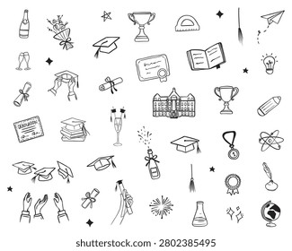 Graduation Doodle Icons Set Hand Drawn Outline Collection with Diploma, Trophy, Graduation Cap, Books, School and Celebration Elements