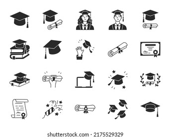 Graduation doodle illustration including flat icons - student in cap, diploma certificate scroll, university degree. Glyph silhouette art about high school education. Black color