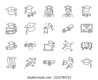 Graduation doodle illustration including icons - student in cap, diploma certificate scroll, university degree . Thin line art about high school education. Editable Stroke.
