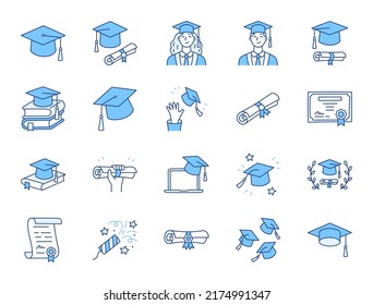 Graduation doodle illustration including icons - student in cap, diploma certificate scroll, university degree. Thin line art about high school education. Blue Color, Editable Stroke