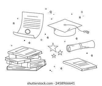 Graduation doodles vector set. Illustrations of isolated square academic cap, mortarboard, diploma, books pile and stars. High school, college, academy graduation symbols black outline.