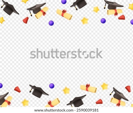Graduation education background. Falling graduation caps and scrolls, diploma, stars and serpentine on transparent background. Vector illustration school university ceremony posters.