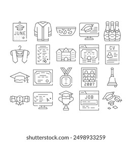 Graduation Education Collection Icons Set Vector. Student Graduation Cap And Mantle, Bell And Medal, Diploma And University Building Concept Linear Pictograms. Black Contour Illustrations