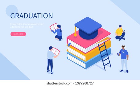 Graduation and education concept. Can use for web banner, infographics, hero images. Flat isometric vector illustration isolated on white background.